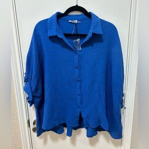 Day + Moon Royal Blue Oversized Boxy Button Up Blouse 100% Cotton Size Medium